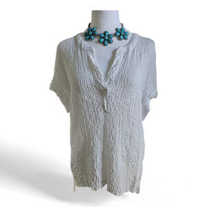 Jane + Delancey Size Medium White V Neck Womens Short Sleeved Ruched Shirt